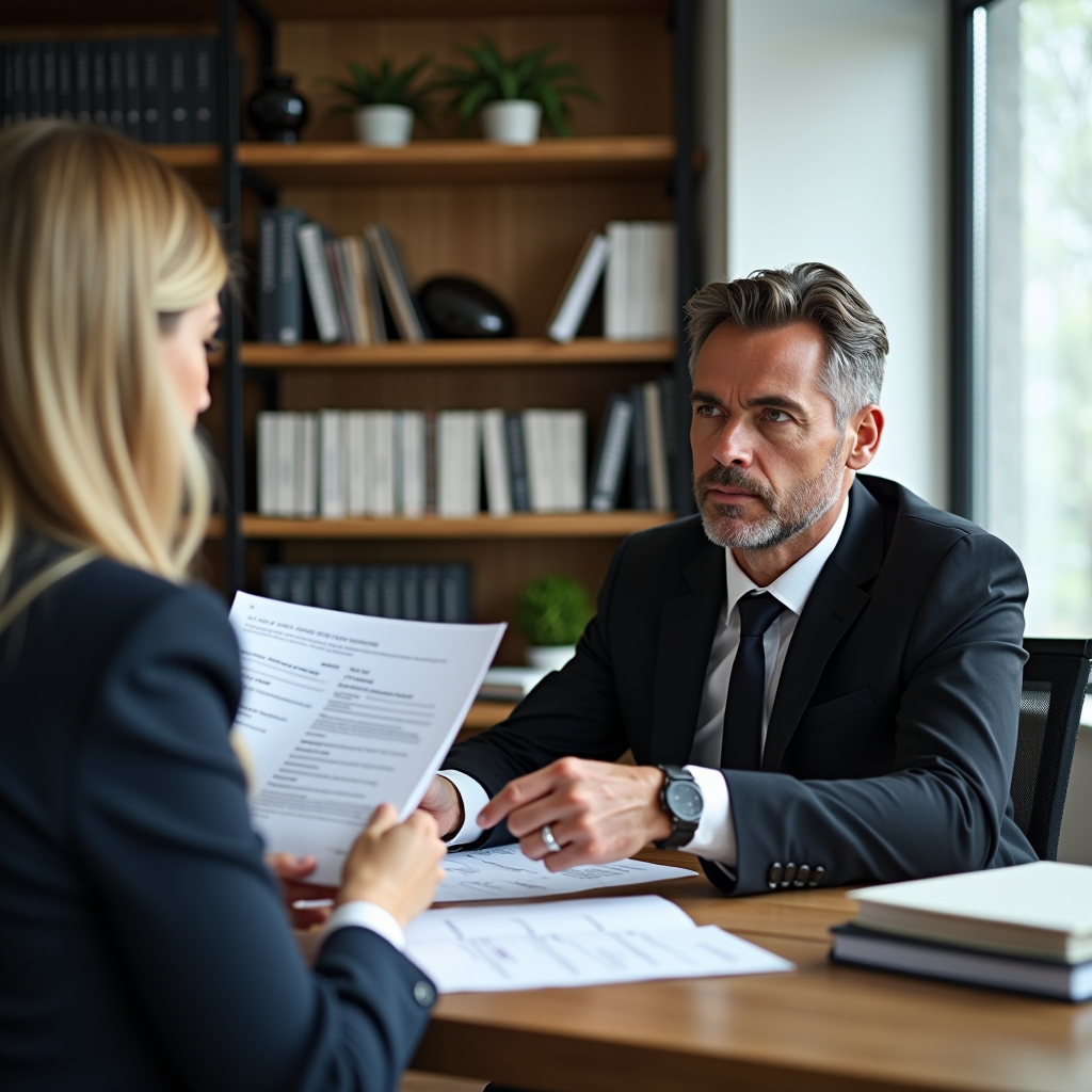 Consultation juridique professionnelle avec avocat examinant des documents de contravention routière avec un client dans un bureau moderne avec livres de droit et documents légaux