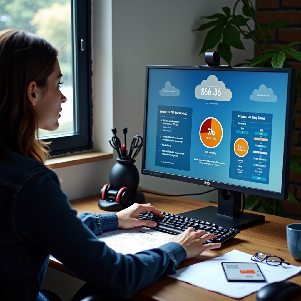 Conducteur consultant son solde de points sur ordinateur avec documents administratifs et permis de conduire visible sur le bureau, ambiance professionnelle et rassurante