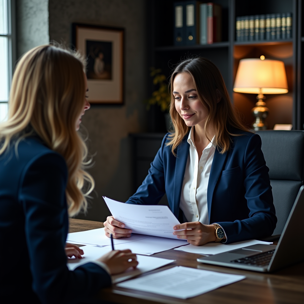 Consultation juridique professionnelle avec un avocat spécialisé en droit routier dans un bureau moderne, examinant attentivement des documents légaux, éclairage professionnel, ambiance sophistiquée aux tons bleu marine et or