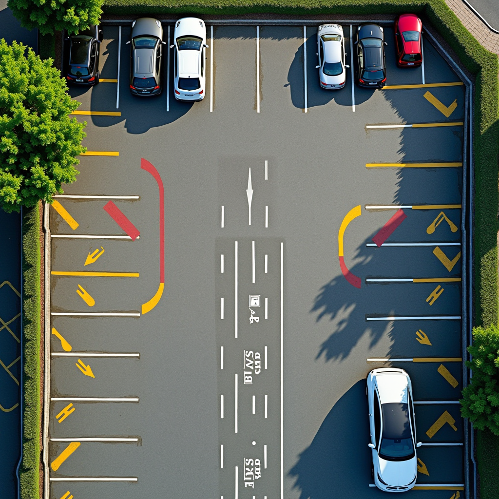 Vue aérienne d'une zone de stationnement urbain moderne avec marquages au sol et panneaux de signalisation, montrant différentes zones tarifaires dans une grande ville française