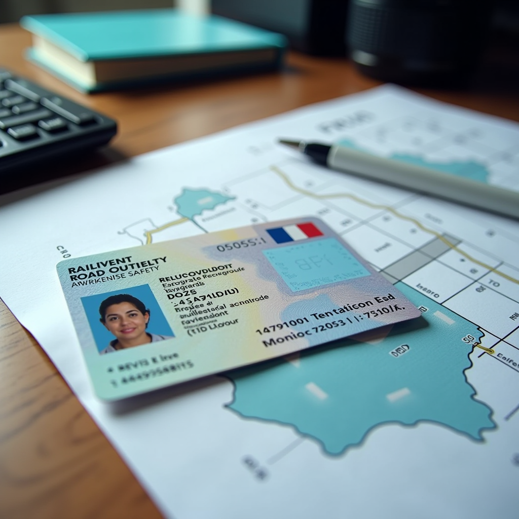 Permis de conduire français avec points visibles et documents de stage de sensibilisation à la sécurité routière sur table de bureau