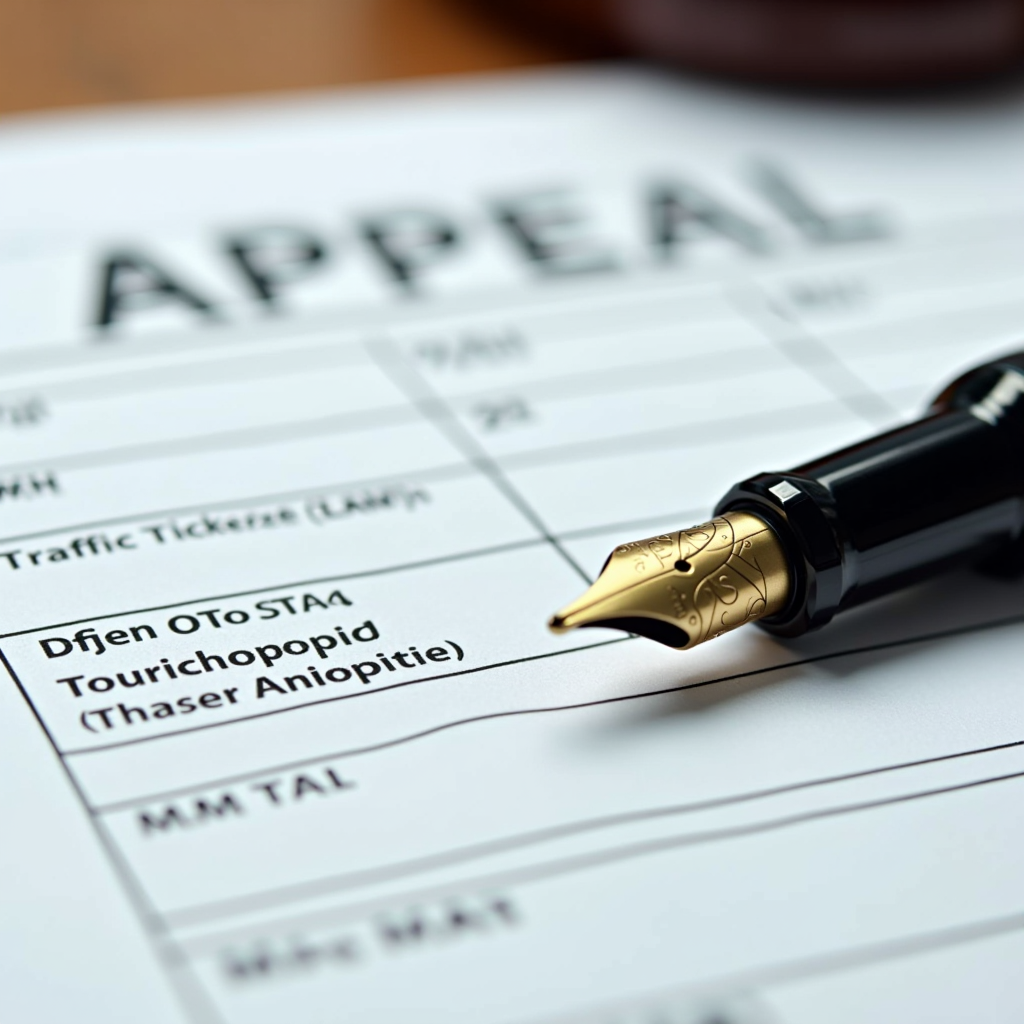 Gros plan sur des documents juridiques officiels avec un stylo plume posé dessus, formulaire de contestation de contravention routière avec tampons administratifs visibles