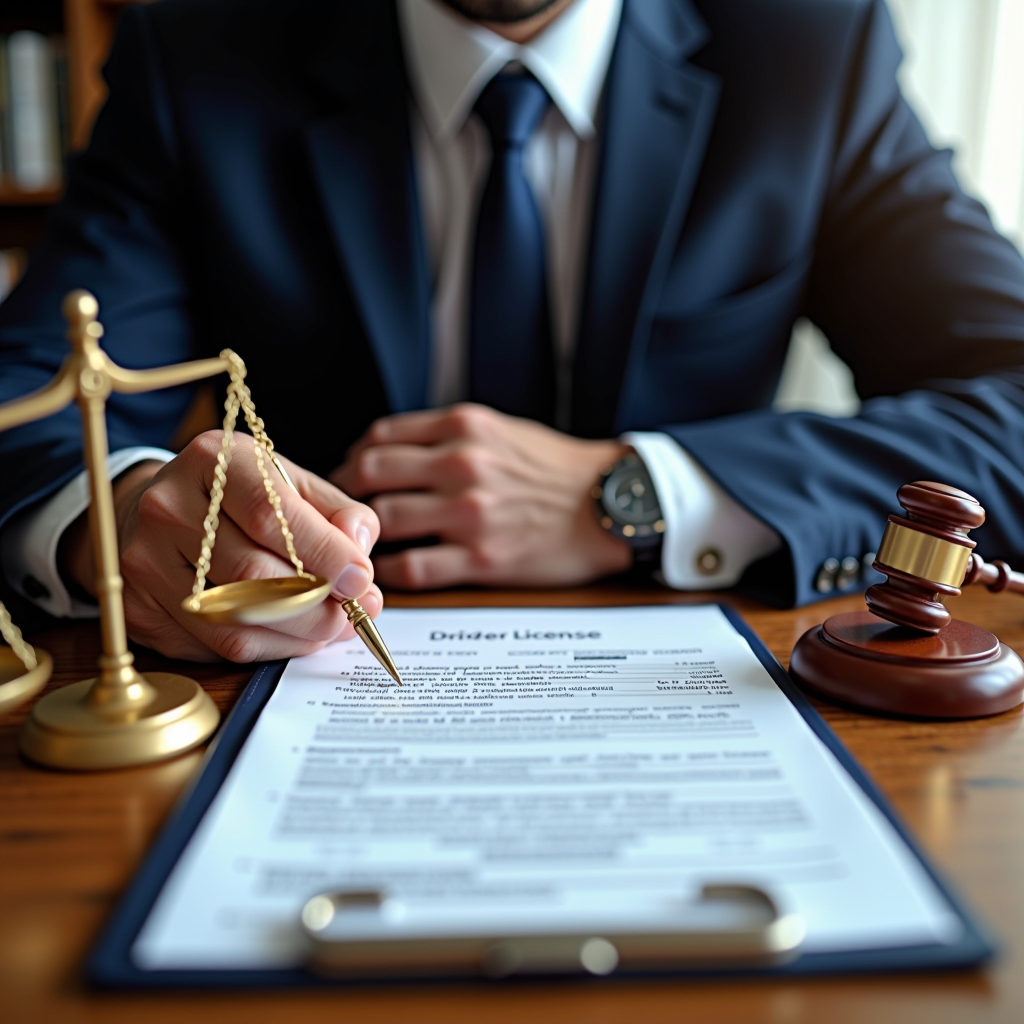 Avocat préparant un dossier de défense pour suspension de permis de conduire avec documents juridiques et balance de justice symbolique